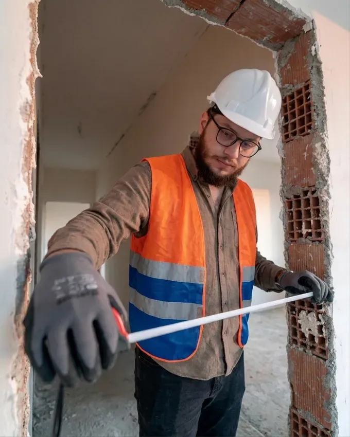 A builder measuring a doorway on site