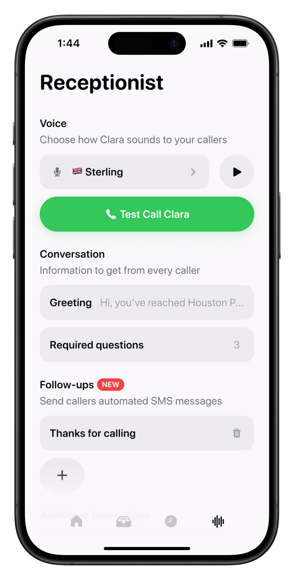 Clara's Receptionist screen showing the new Follow-ups section