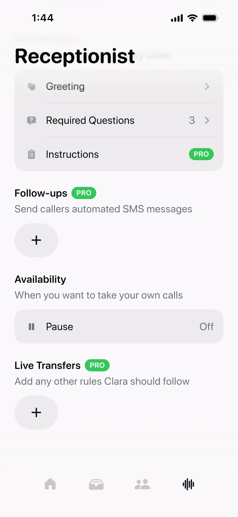 The receptionist settings screen with the Pause option under Availability