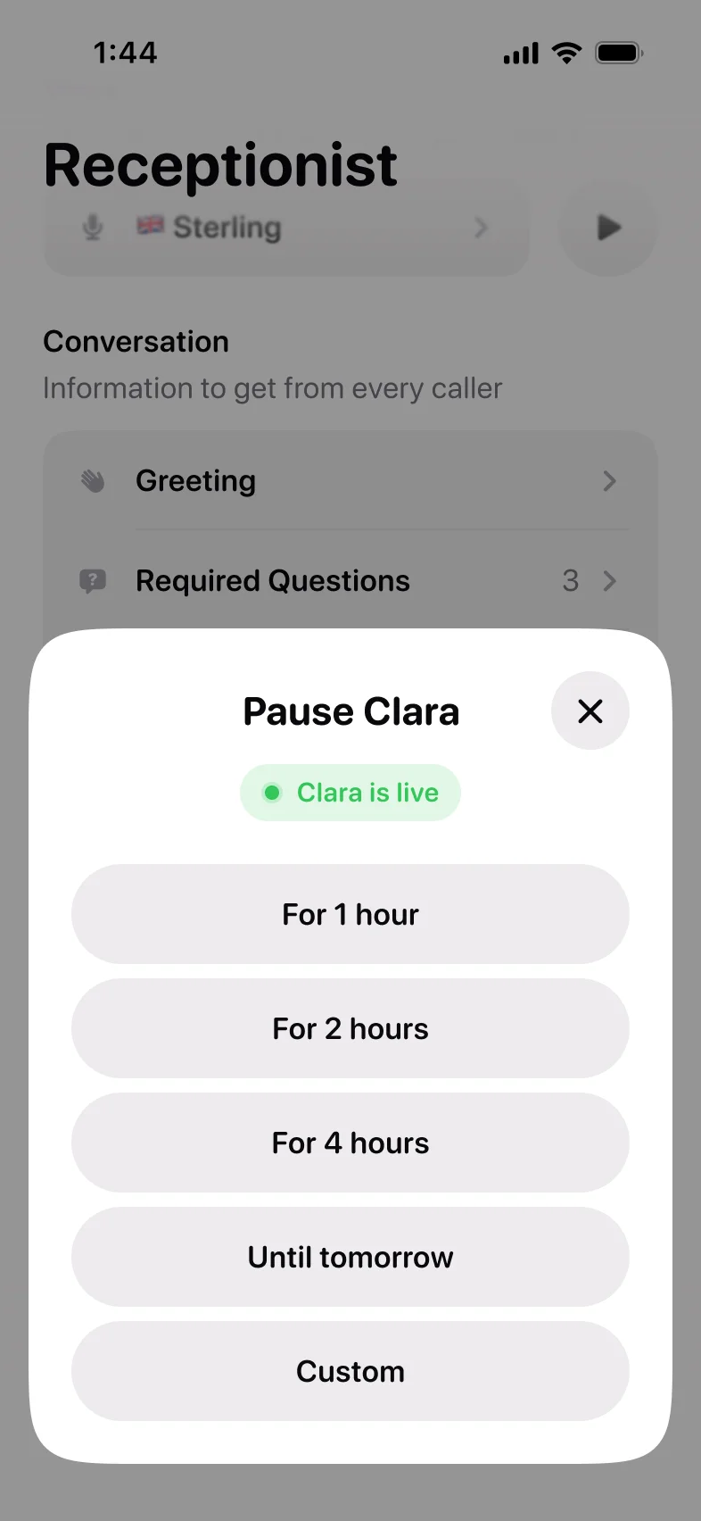The Pause Clara menu with duration options