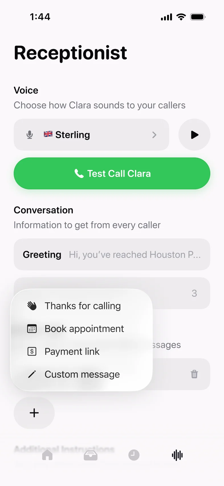 The follow-up type menu with Thanks for calling, Book appointment, Payment link, and Custom message