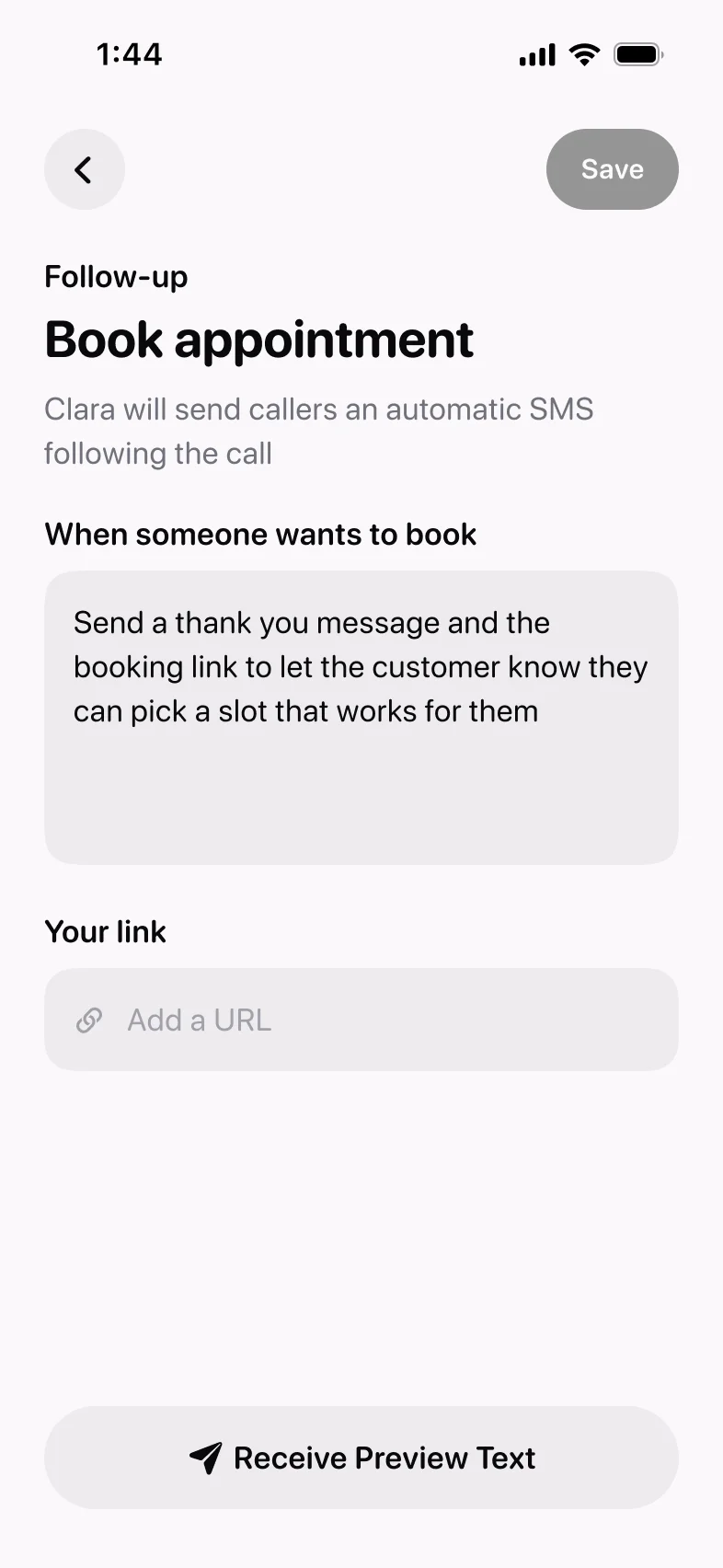 The Book appointment follow-up editor with instructions, the Your link field, and Receive Preview Text