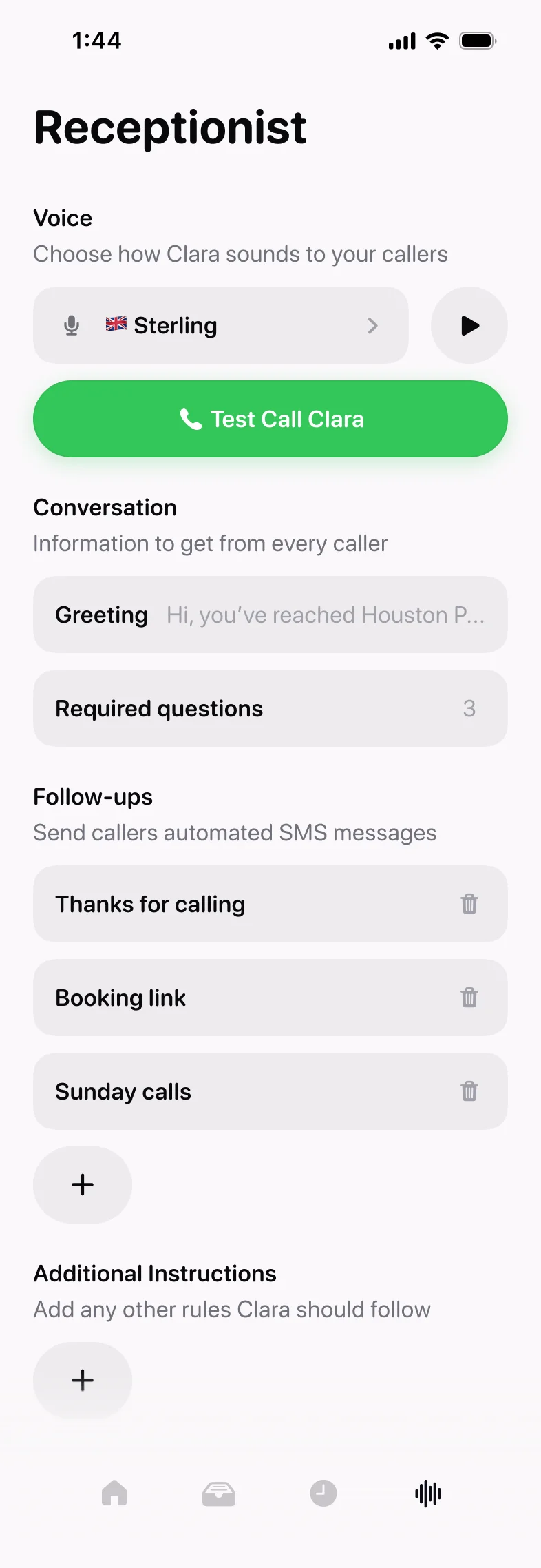 The Follow-ups list showing several follow-ups, each with a delete icon